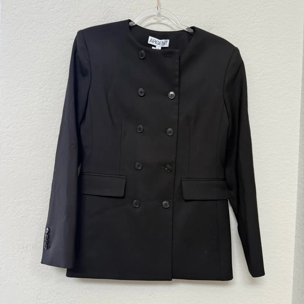 Argent Double Breasted Crewneck Blazer Black in Seasonless Wool